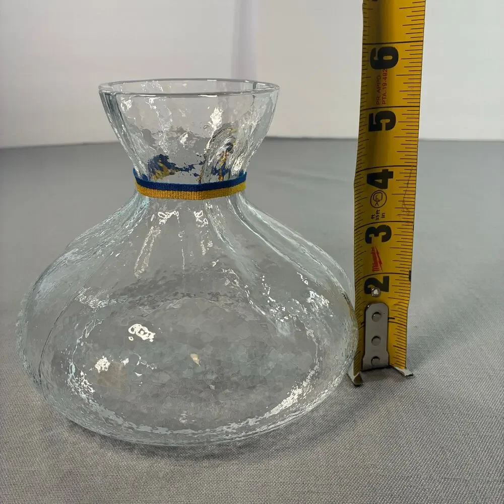 Vintage Clear Textured Art Glass Vase Pinched Rim Blue Gold Cord 6 Inch Decor